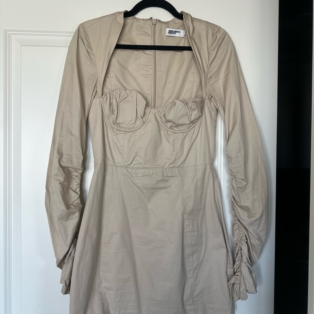 Mistress Rocks Beige Ruched Sleeve Mini Dress